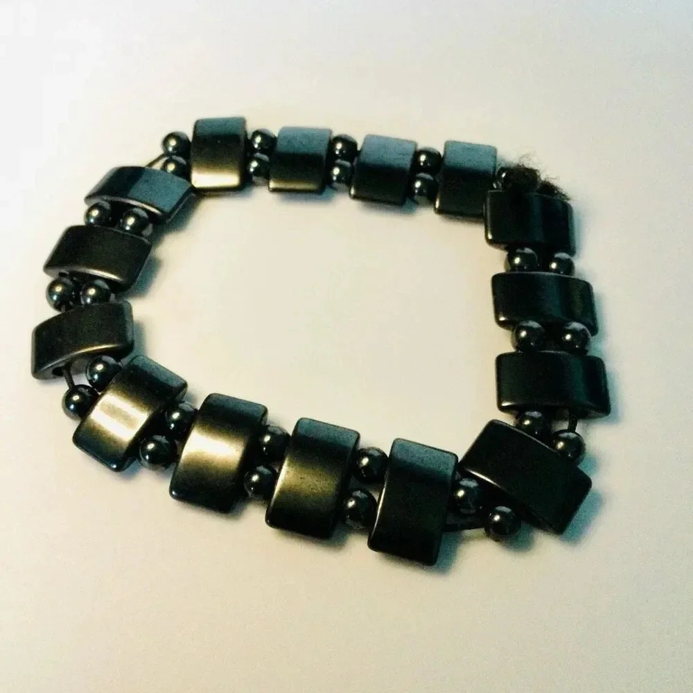 Vintage Black Hematite Therapy Elastic Magnet Beaded Stress Relieving Bracelet